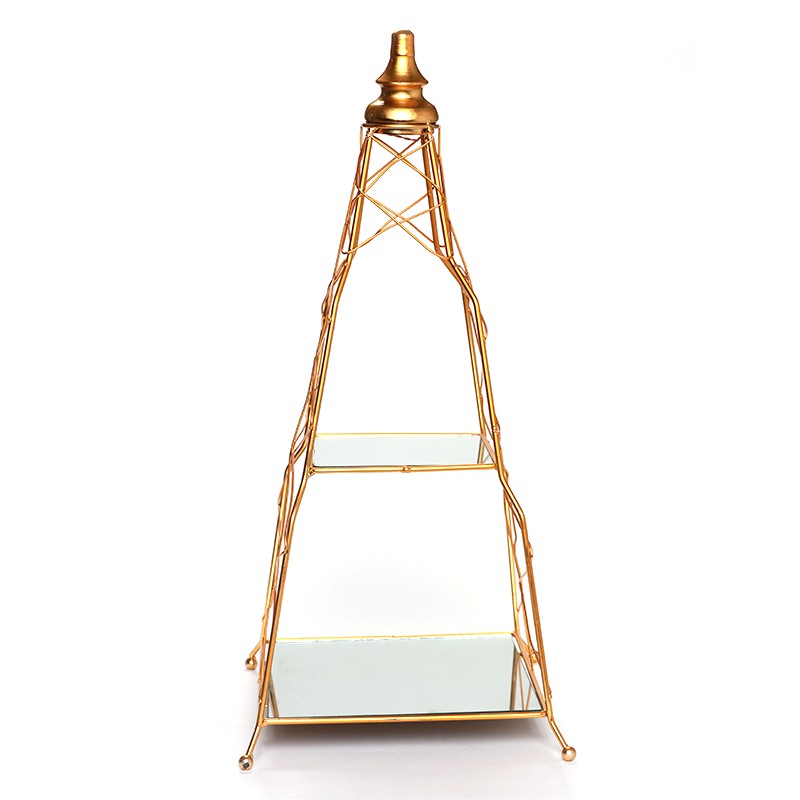 SERVITEUR 2 ÉTAGES PYRAMIDE EN MÉTAL ASPECT DORÉ -25CM X 25CM X 54CM-