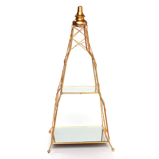 SERVITEUR 2 ÉTAGES PYRAMIDE EN MÉTAL ASPECT DORÉ -25CM X 25CM X 54CM-