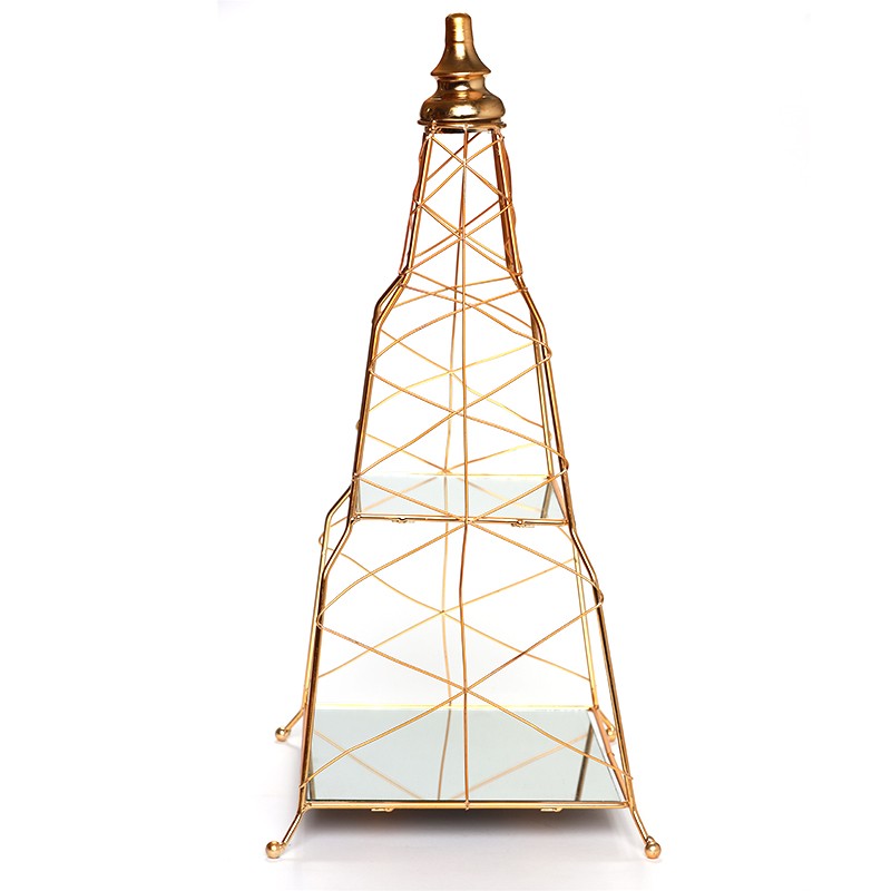 SERVITEUR 2 ÉTAGES PYRAMIDE EN MÉTAL ASPECT DORÉ -25CM X 25CM X 54CM-