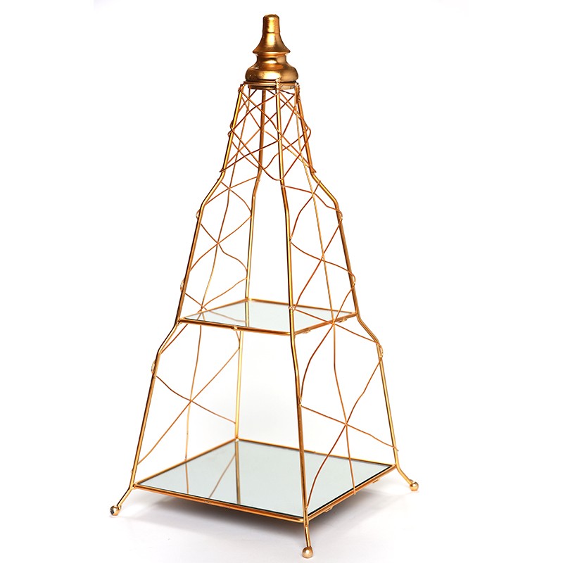 SERVITEUR 2 ÉTAGES PYRAMIDE EN MÉTAL ASPECT DORÉ -25CM X 25CM X 54CM-