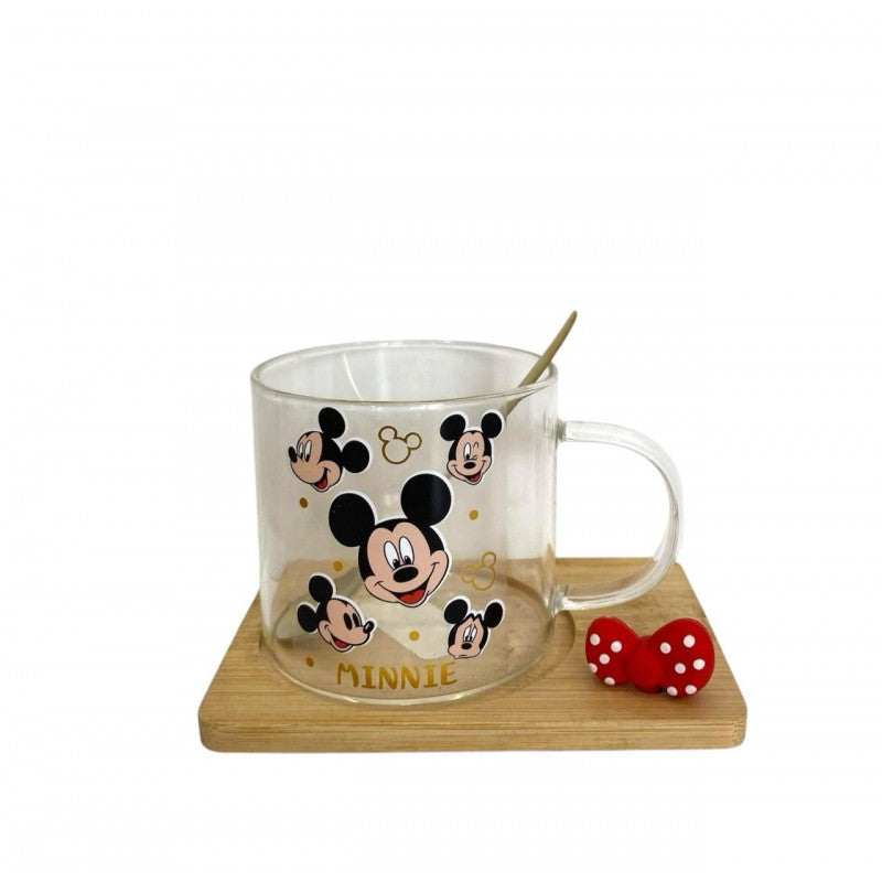 SET MUG EN VERRE AVEC SOUS TASSE EN BOIS DESIGN MICKEY MOUSSE-230ML-