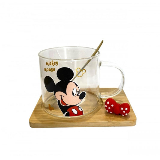 SET MUG EN VERRE AVEC SOUS TASSE EN BOIS DESIGN MICKEY MOUSSE-230ML-